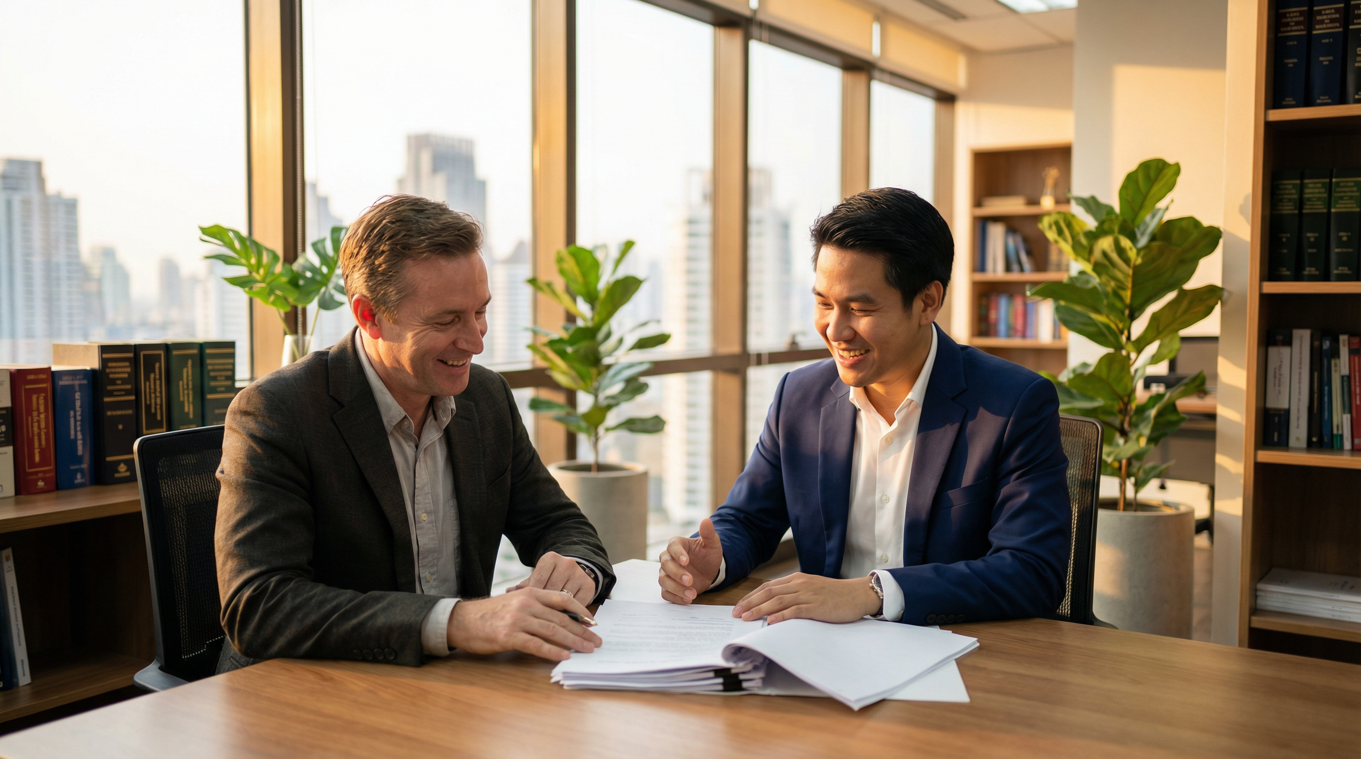 Thai lawyer consulting with client in modern Bangkok office