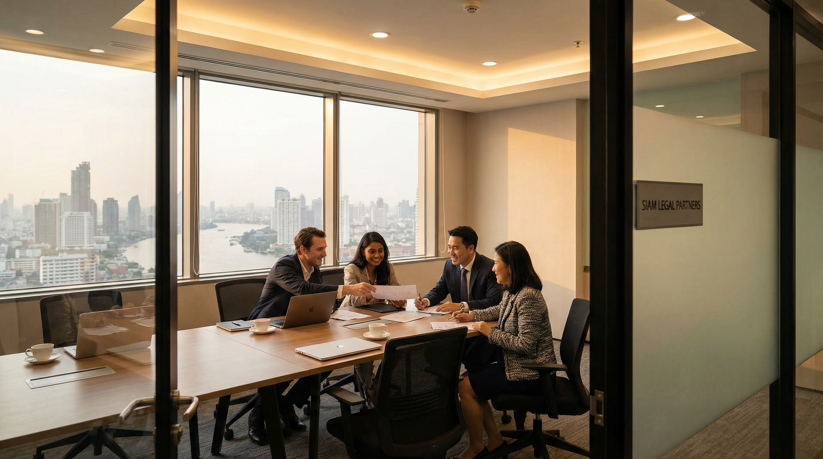Legal team collaborating with clients in modern Bangkok office